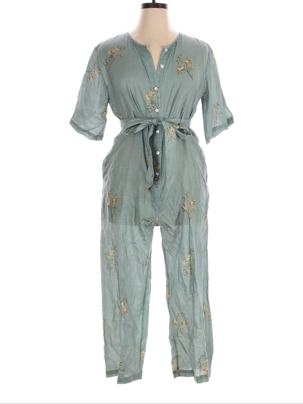 Embroidered Tie-Waist Sage Green Jumpsuit
